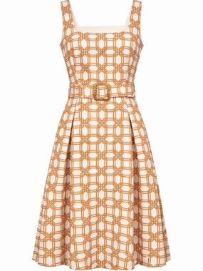 Ann Taylor Cream & Tan Belted Fit & Flare Dress Size 6P NWT Cotton & Linen